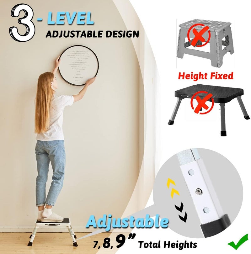 Double Elite 3 Levels Adjustable Folding One Step Stool, Safer Metal Step Stools for Adults/Seniors, Heavy Duty Small Foldable Kitchen Stepping Stool for Bathroom Toddlers, Foot Stool Desk Office Work - Image 3